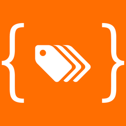 White tag icon with three layered tags inside curly braces on an orange background.