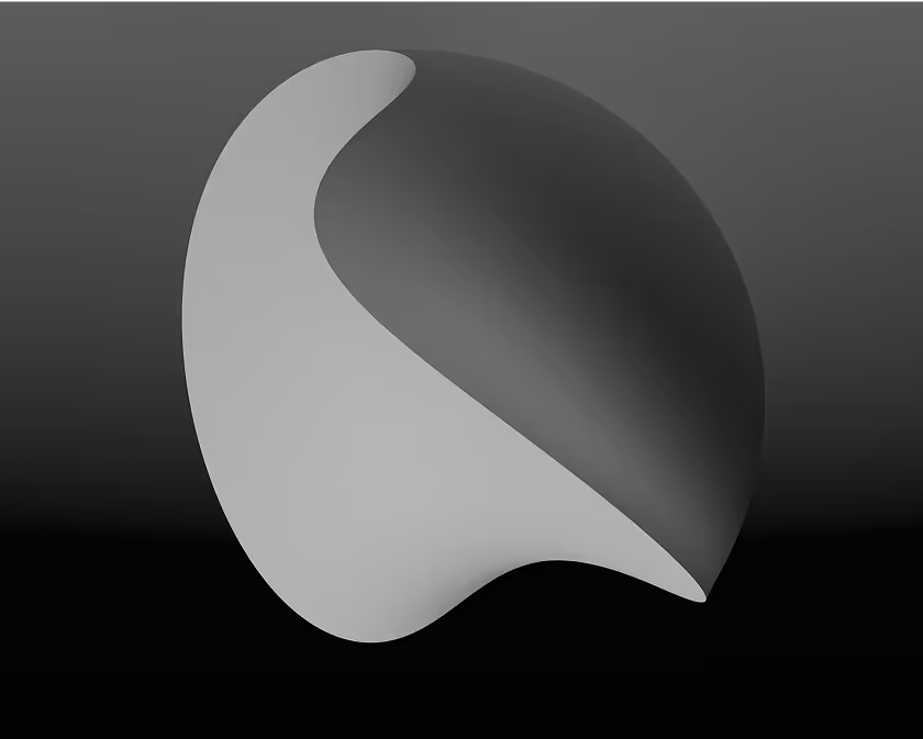 Forme abstraite en 3D avec une sphère sombre partiellement enveloppée par une surface incurvée claire, le tout sur un fond dégradé gris foncé à noir.