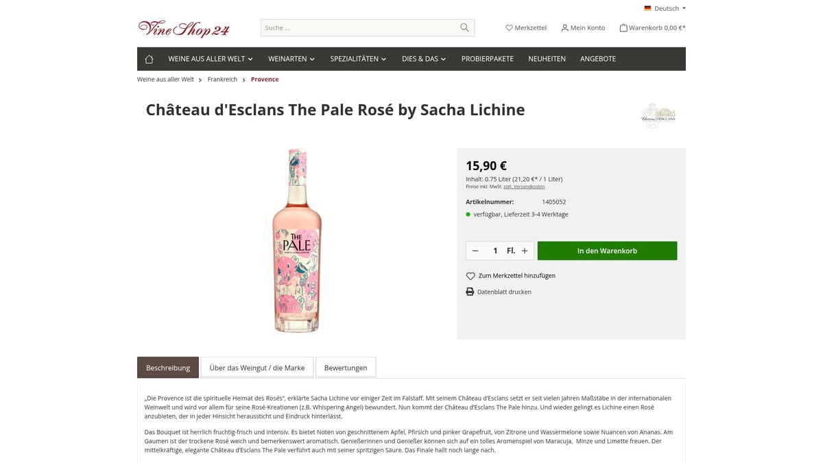 7 Rose Weine 2025: Die Besten Tipps Für Genießer - Château d'Esclans The Pale Rosé by Sacha Lichine 2024 (Provence, Frankreich)