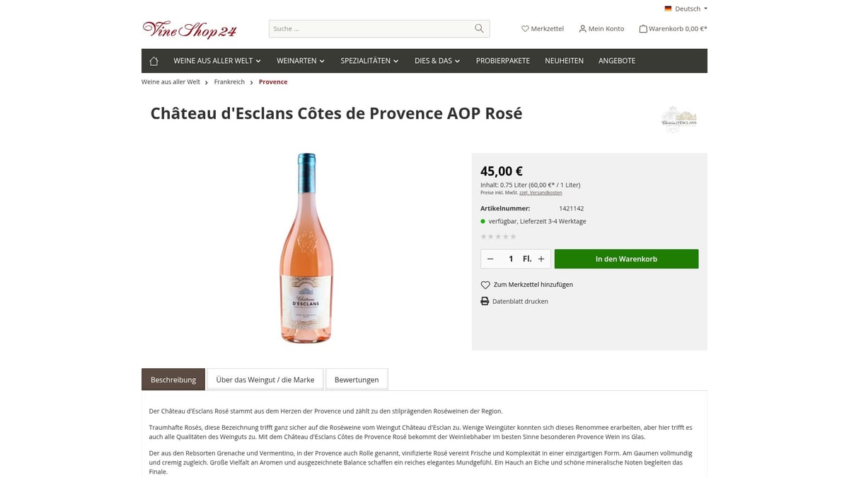 7 Rose Weine 2025: Die Besten Tipps Für Genießer - Château d'Esclans Côtes de Provence AOP Rosé 2022 (Provence, Frankreich)