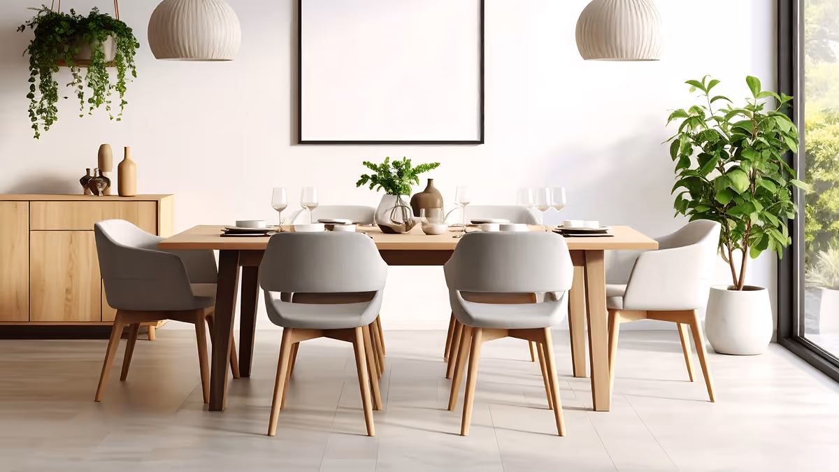 A clean dining room with table setting