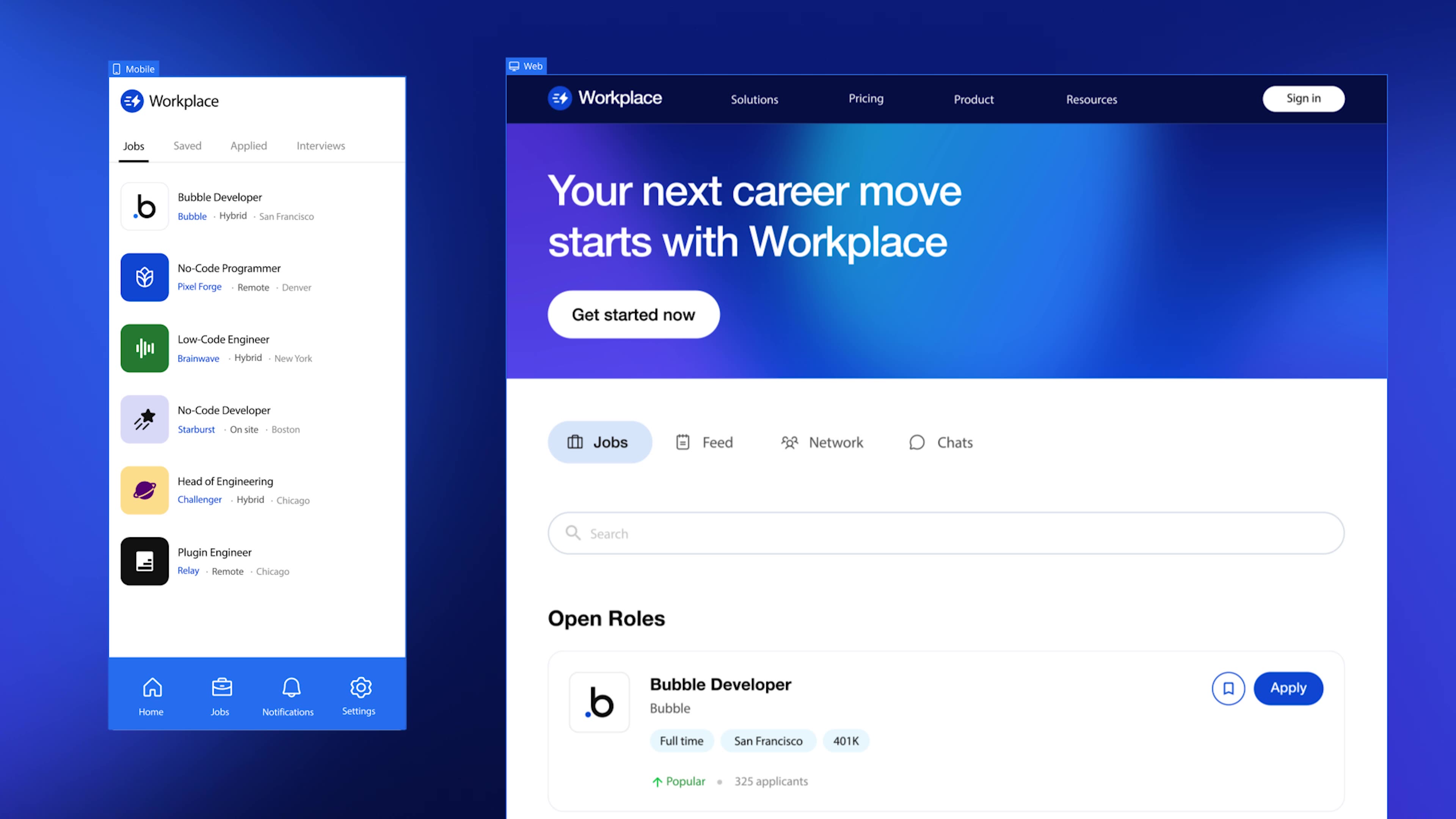 Product screen mockup showing the Bubble-built mobile app