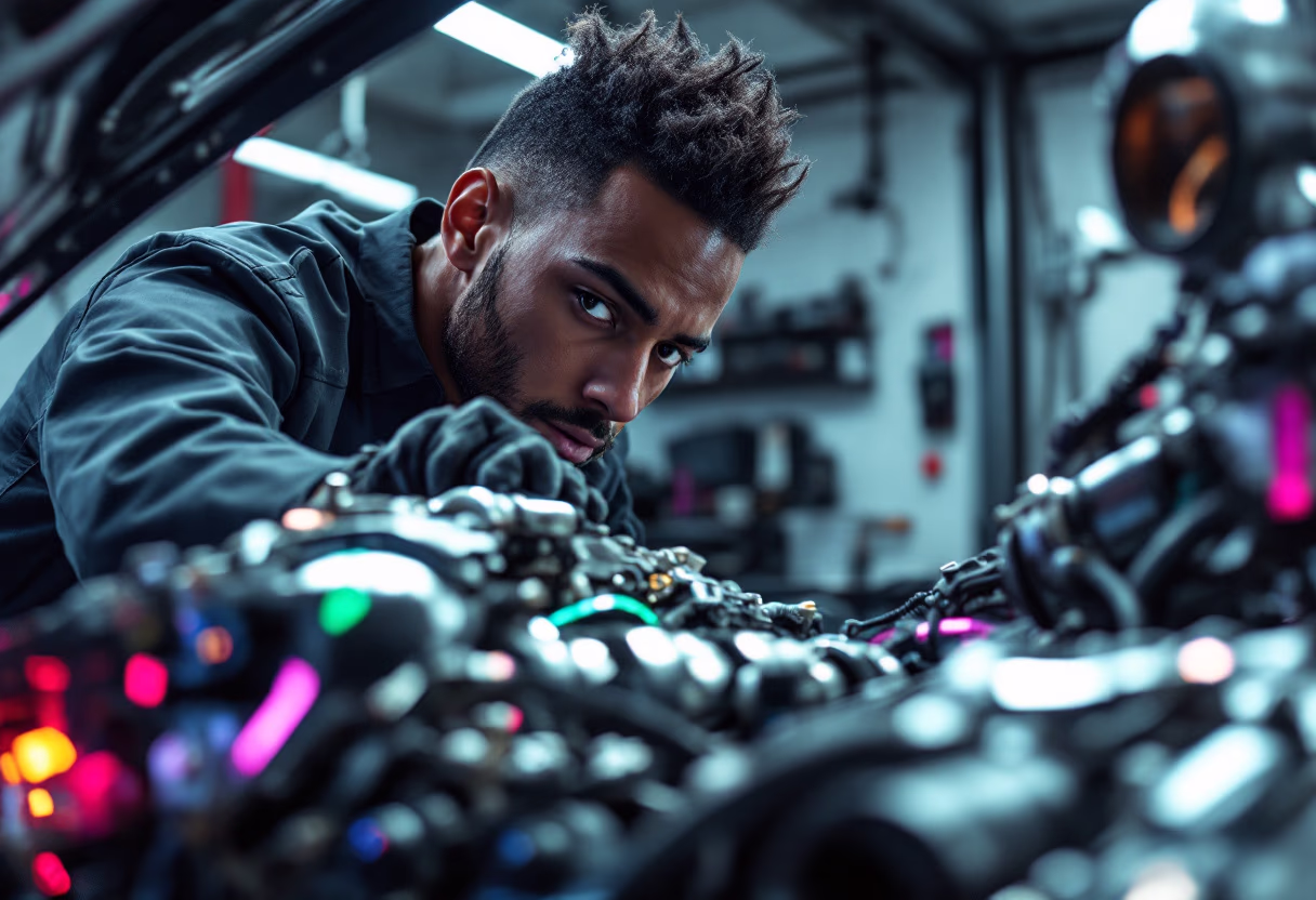 image of service technician examining car engine