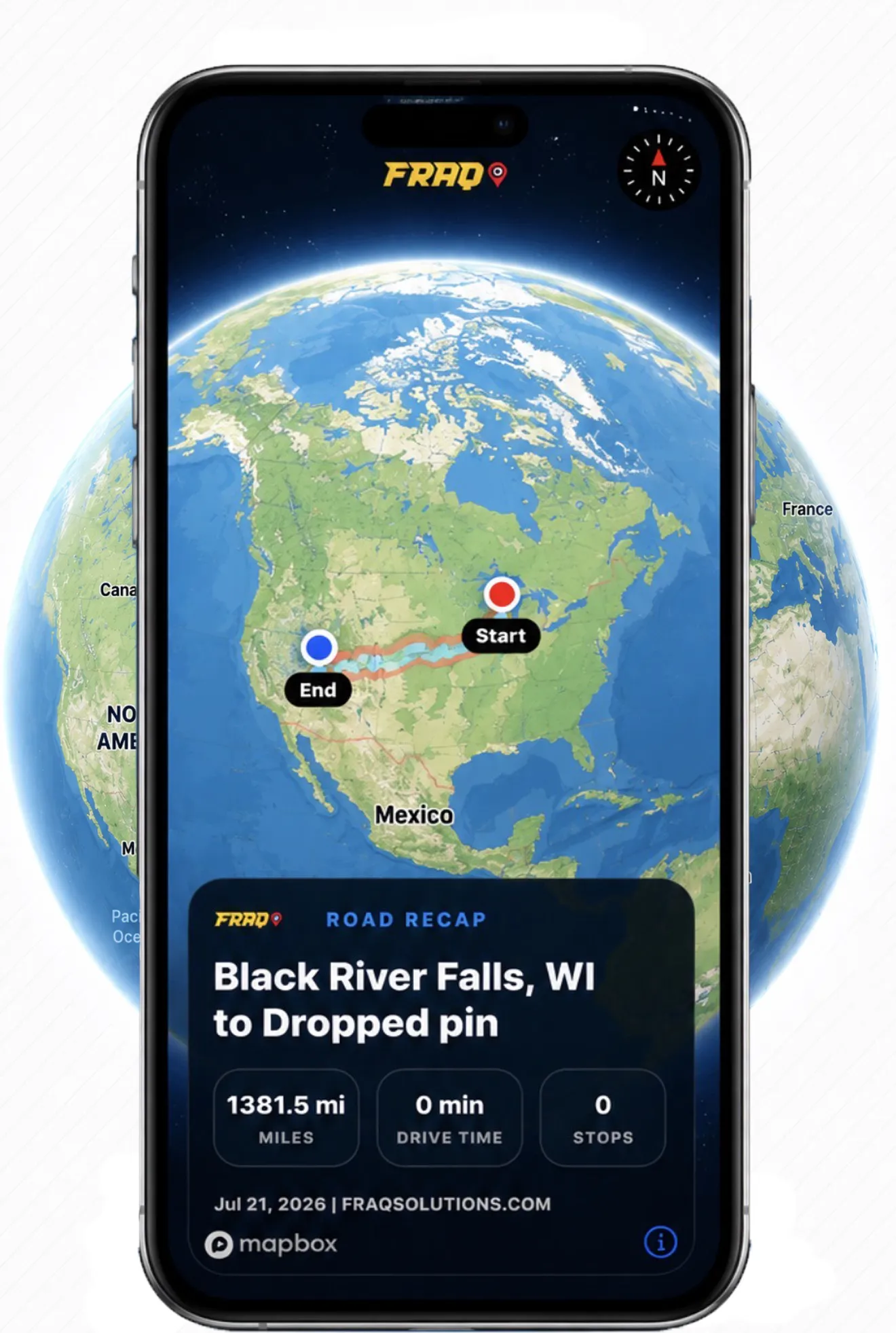 FRAQ Globe interactive trip preview showing a truck route, start and end markers, and road recap information