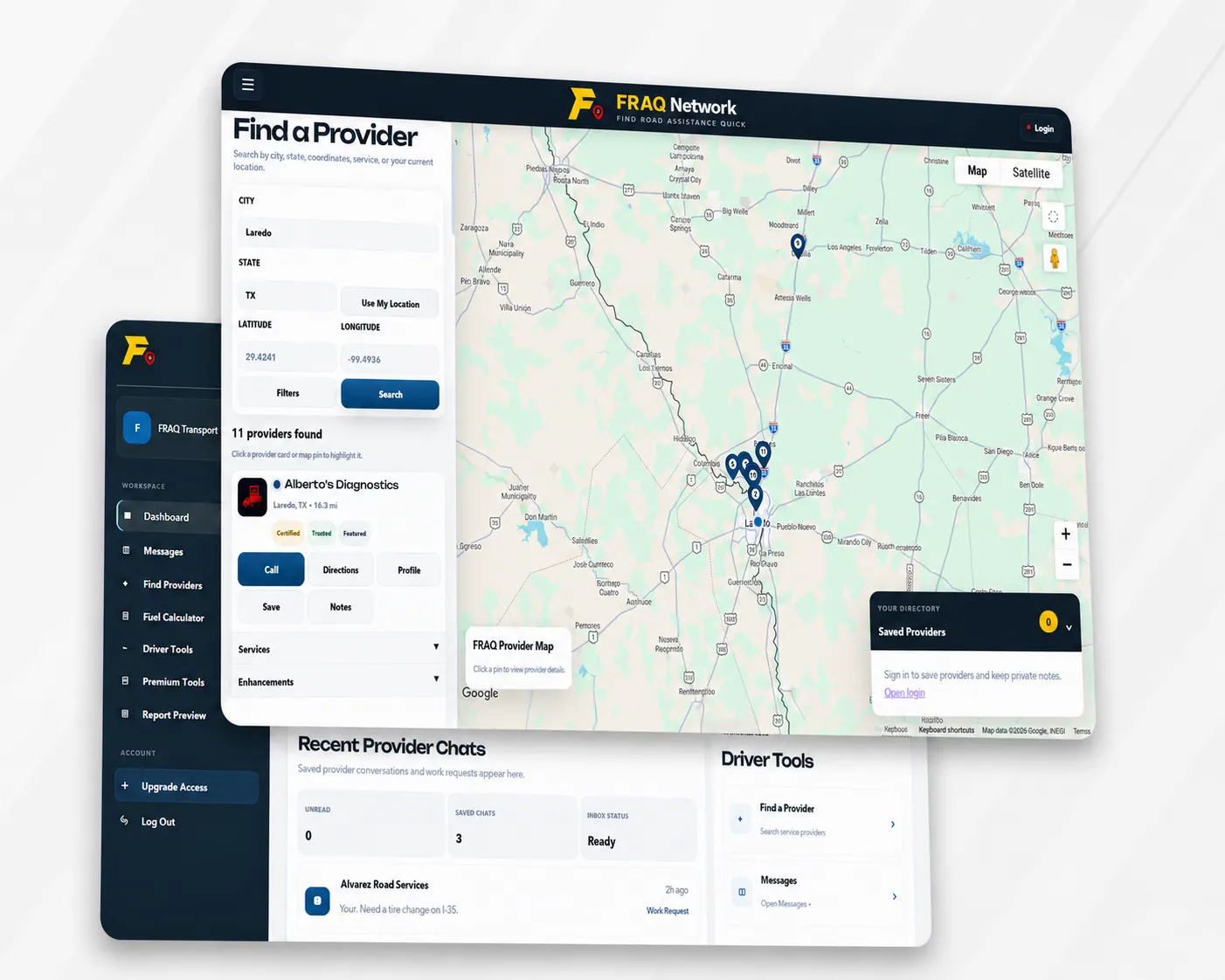 FRAQ Network fleet dashboard with nationwide trucking service provider directory for drivers and fleets