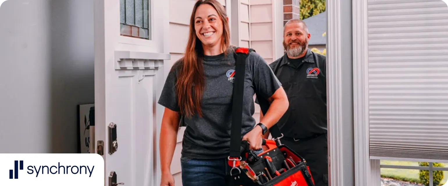 A technician from Infinity arrives at a home, ready to provide services with a tool bag.