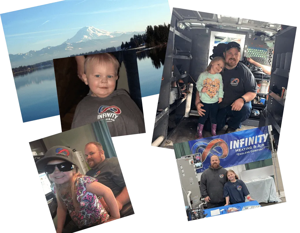 A family enjoying moments together while wearing Infinity Heating & Air apparel in various settings.