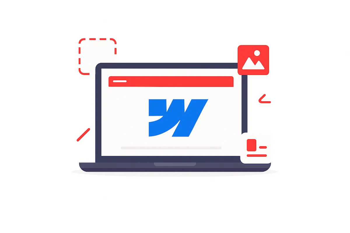 Illustration en flat design montrant un ordinateur portable affichant le logo Webflow, entouré d’éléments visuels symbolisant la création de sites web modernes.