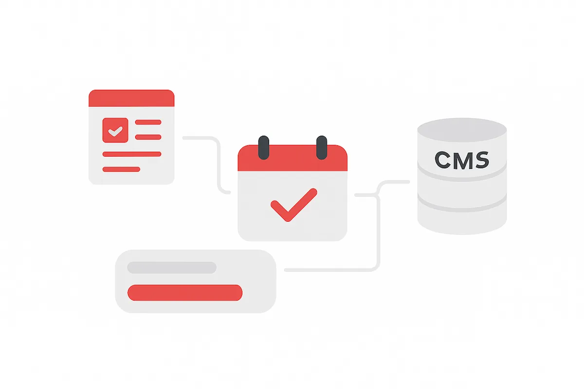 Illustration en flat design montrant un ordinateur avec icônes flottantes représentant un formulaire, un calendrier de rendez-vous et un système CMS.
