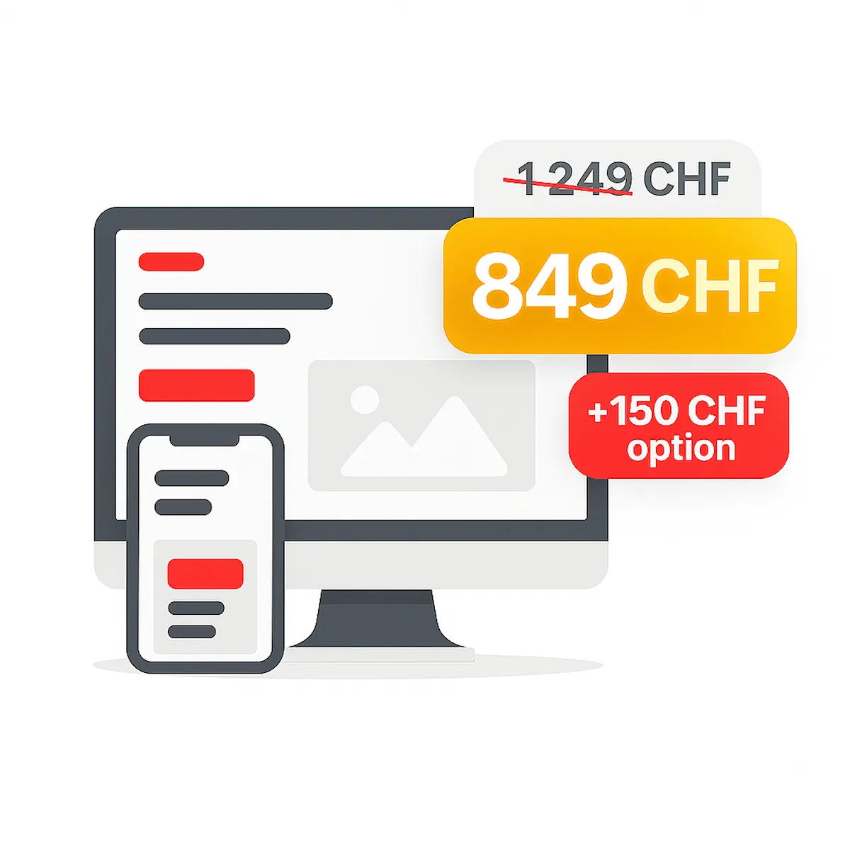 image avec un ordinateur et un telephone avec le prix affiche en dore avec une promotion site internet pas chere