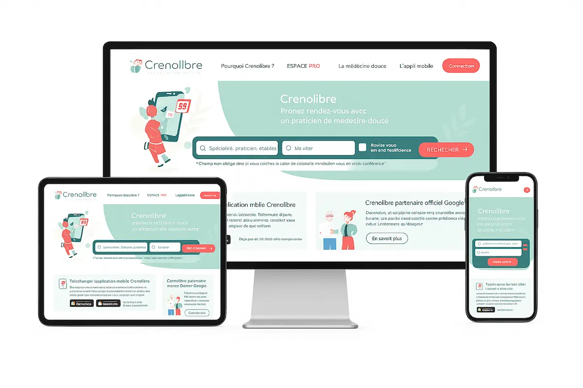 image avec ordinateur, ipad, téléphone avec le site internet d'un indépendant thérapeute à l'intérieur