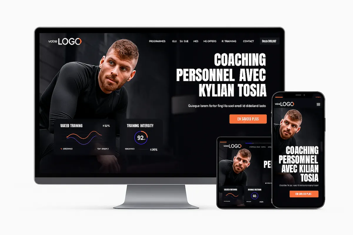 image avec ordinateur, telephone, ipad avec le site internet d'un coach sportif dessus