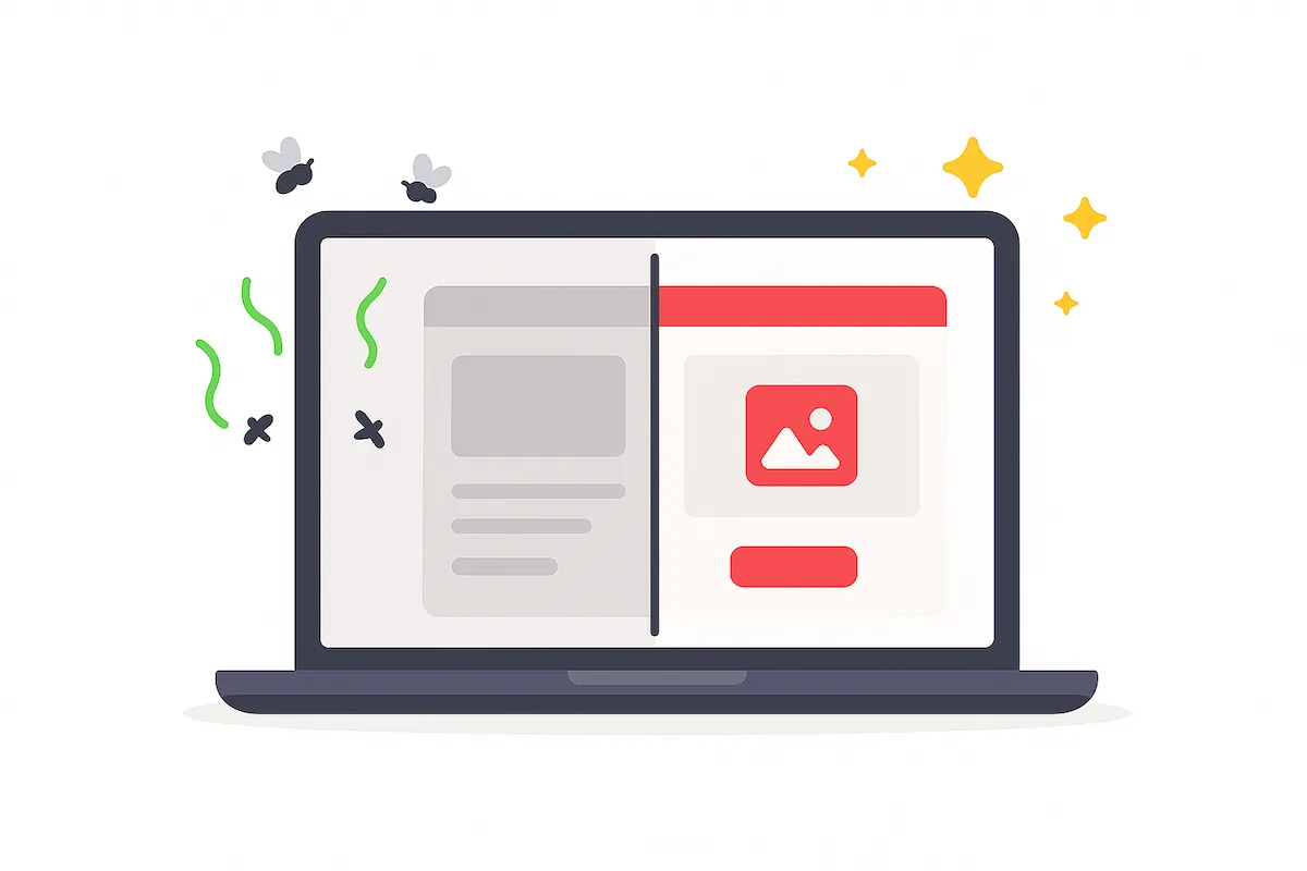 Illustration en flat design montrant un écran partagé : à gauche un site ancien avec mauvaises odeurs et mouches, à droite un site moderne avec éclats jaunes de propreté.