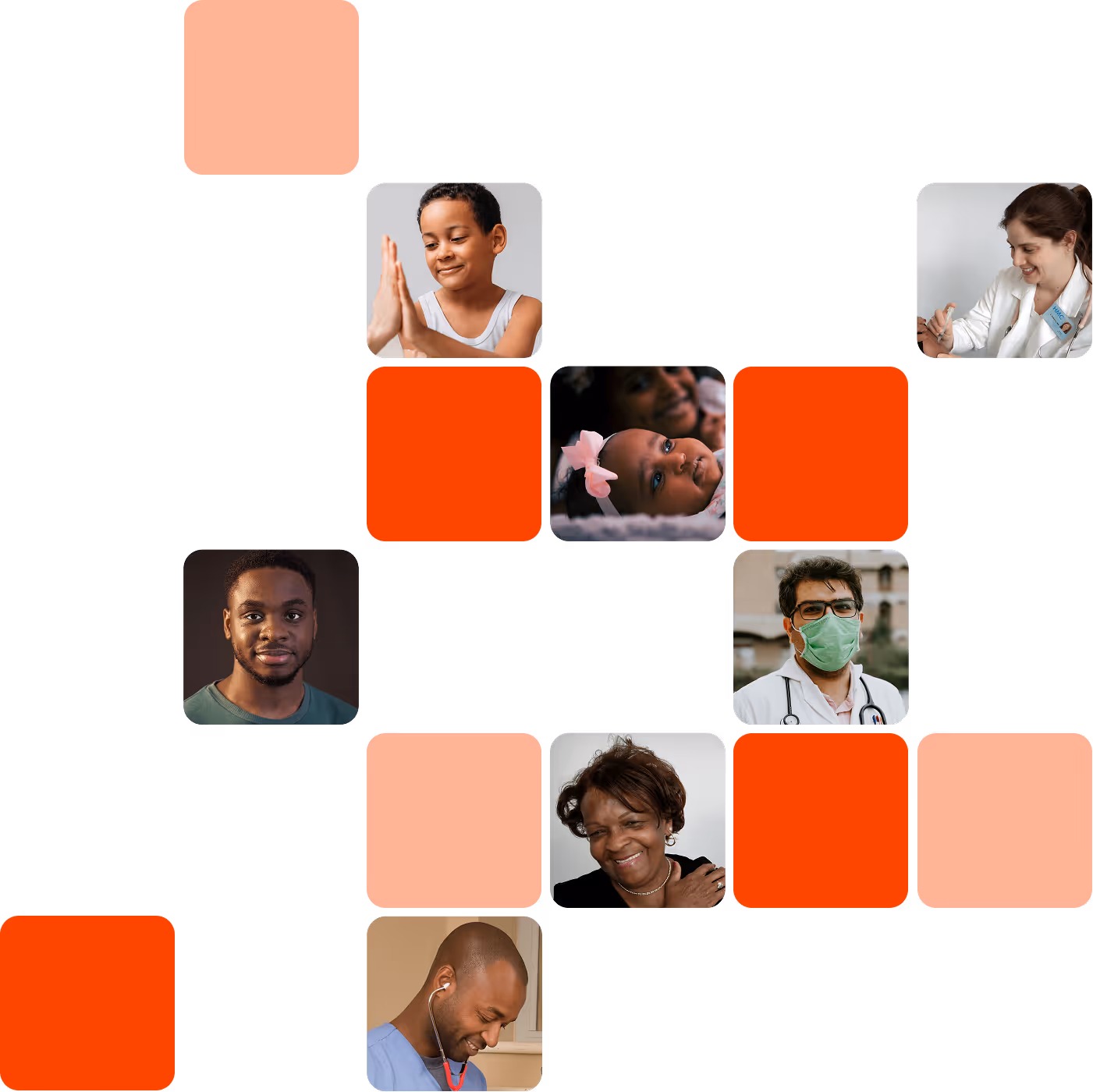 A collage of diverse individuals—patients, caregivers, and healthcare professionals—arranged among warm orange and coral color blocks, symbolizing connection and community in care.