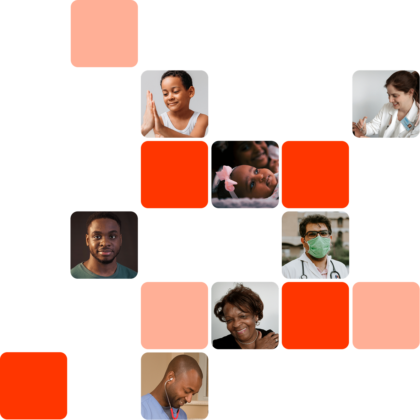 A collage of diverse individuals—patients, caregivers, and healthcare professionals—arranged among warm orange and coral color blocks, symbolizing connection and community in care.