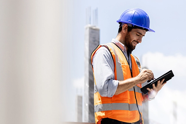 A site engineer in a hard hat and hi-vis vest checking a tablet on a construction site