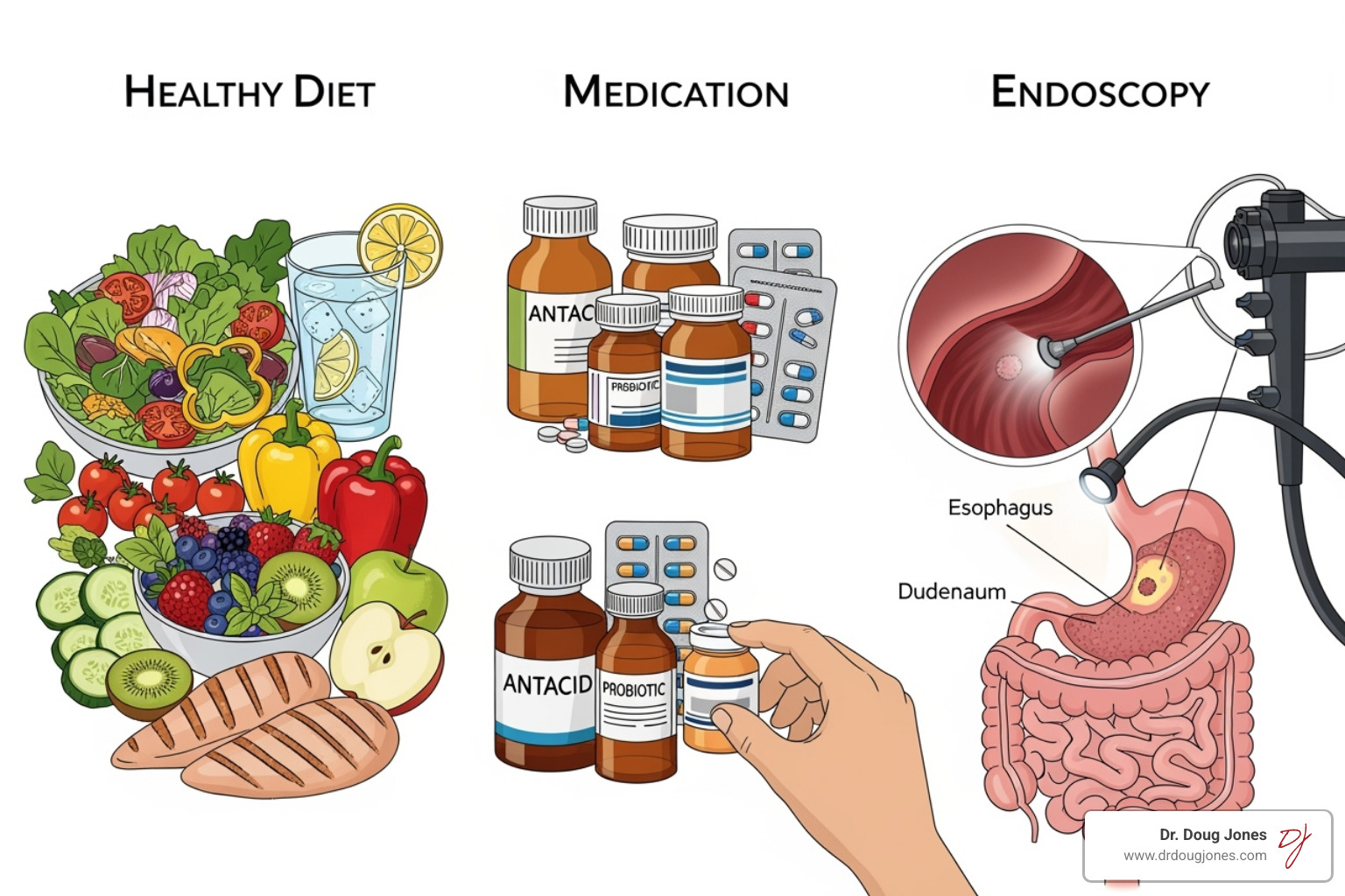 An illustration of the "3 D's" of EoE treatment: Diet (showing healthy food choices), Drugs (showing medication bottles), and Dilation (showing an endoscopic procedure) - Eosinophilic esophagitis treatment An illustration of the "3 D's" of EoE treatment: Diet (showing healthy food choices), Drugs (showing medication bottles), and Dilation (showing an endoscopic procedure) - Eosinophilic esophagitis treatment