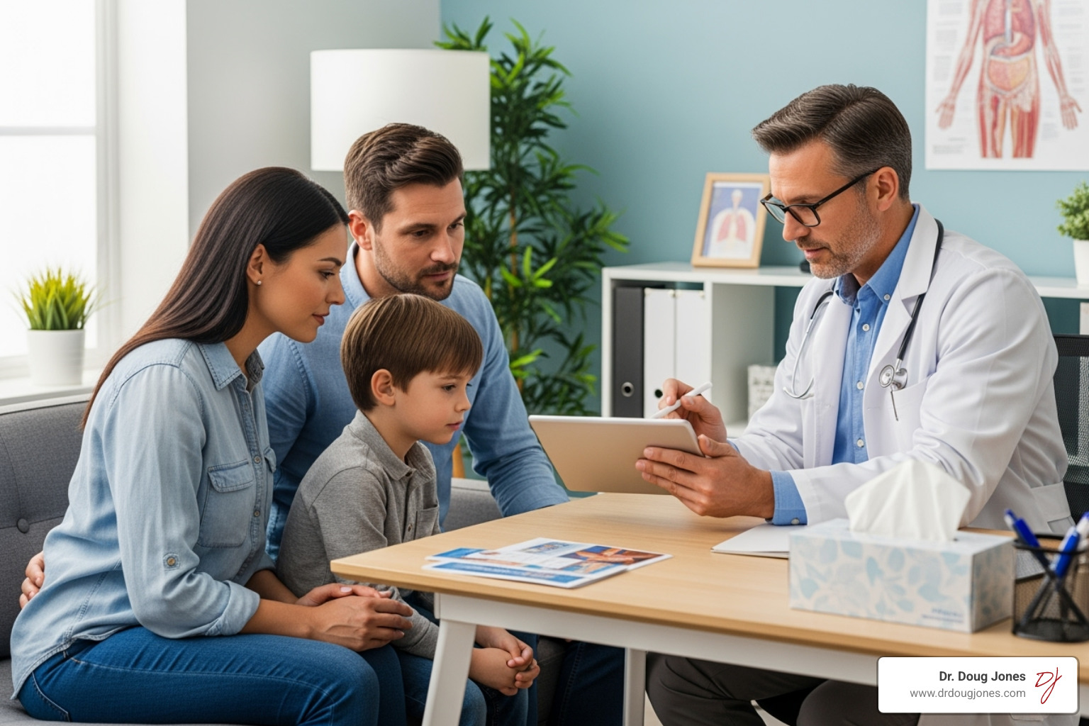 family consulting with an allergist, looking at a tablet - food allergy breakthrough family consulting with an allergist, looking at a tablet - food allergy breakthrough