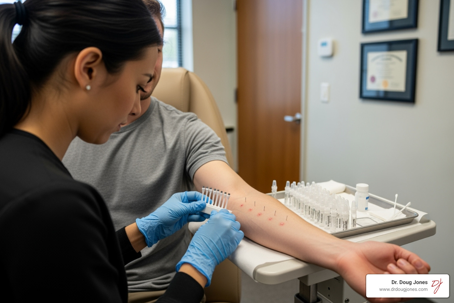 Clinician performing a skin prick test on a patient's arm - personalized allergy care Clinician performing a skin prick test on a patient's arm - personalized allergy care
