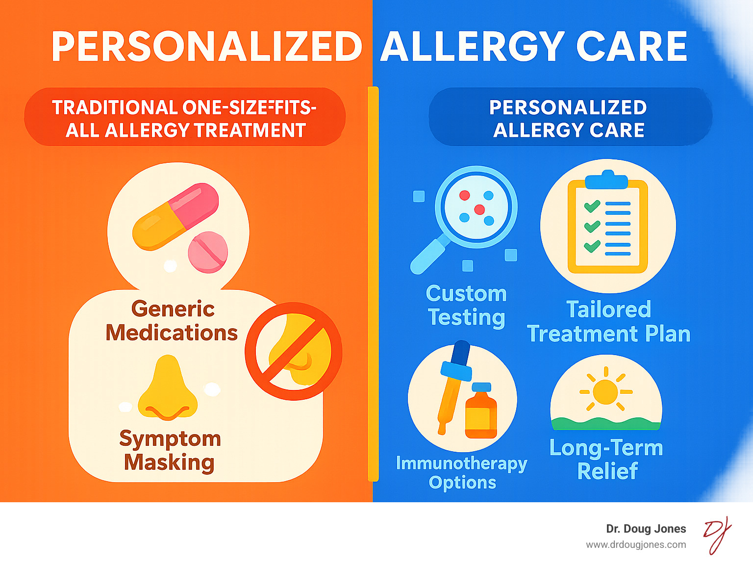 Infographic comparing traditional one-size-fits-all allergy treatment showing generic medications and symptom masking versus personalized allergy care showing custom testing, custom treatment plans, immunotherapy options, and long-term relief - personalized allergy care infographic Infographic comparing traditional one-size-fits-all allergy treatment showing generic medications and symptom masking versus personalized allergy care showing custom testing, custom treatment plans, immunotherapy options, and long-term relief - personalized allergy care infographic