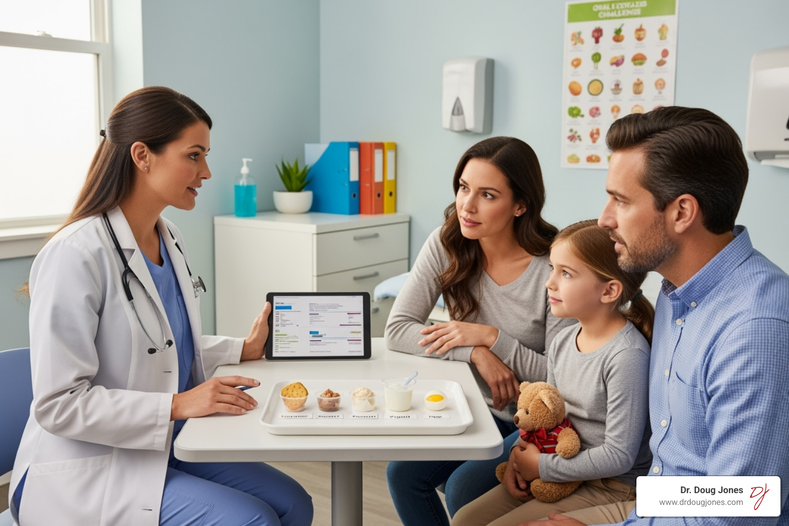 Allergist explaining an oral food challenge to a family - personalized allergy care Allergist explaining an oral food challenge to a family - personalized allergy care