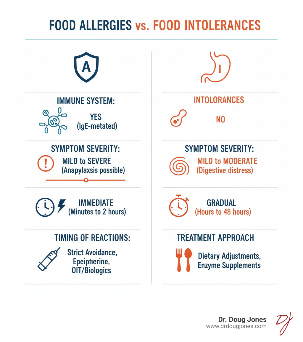 infographic showing the differences between food allergies and food intolerances including immune system involvement, symptom severity, timing of reactions, and treatment approaches - food allergy expert infographic 