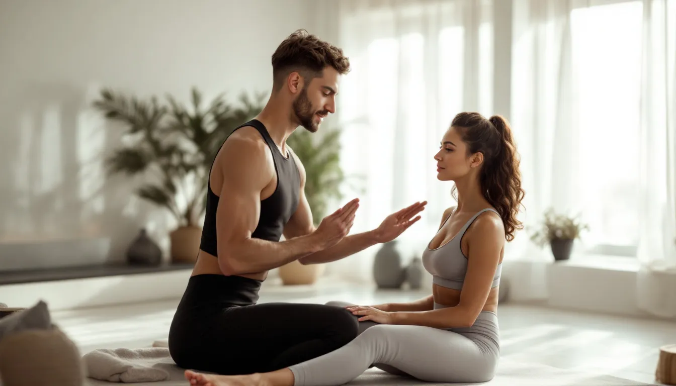 A personalized workout plan being discussed between an instructor and a client in a pilates studio.