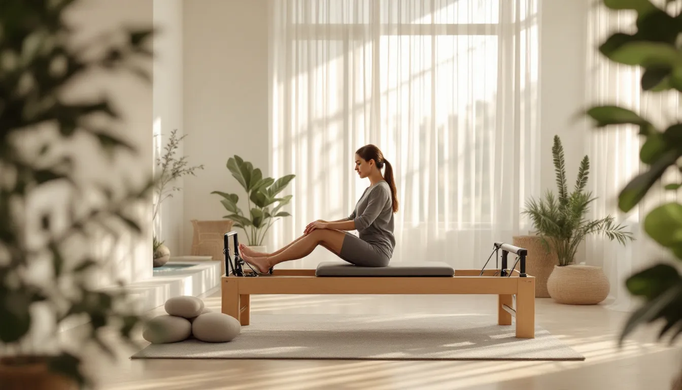 A serene private pilates class in action, showcasing a student using a reformer.