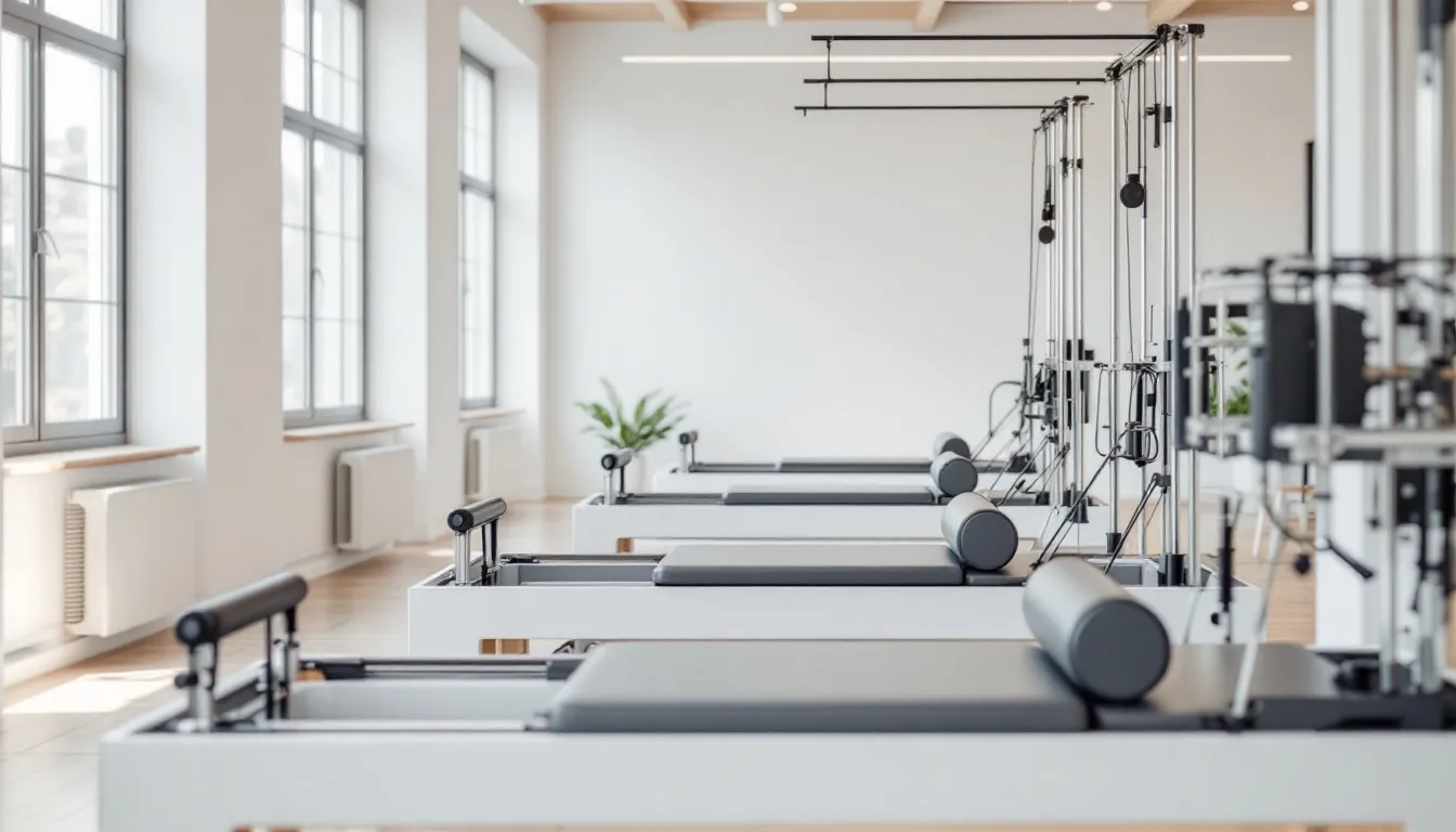 In a modern pilates studio, various pilates equipment, including reformer machines, are arranged to facilitate pilates exercises that target core strength, improve posture, and provide pain relief for chronic back pain. The setup emphasizes proper posture and body awareness, enabling participants to engage their abdominal muscles and support their lumbar spine during workouts.
