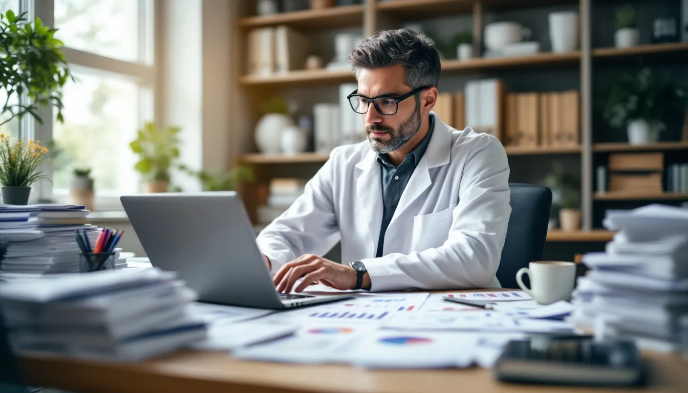 A researcher is intently reviewing clinical study documents that feature various charts and graphs, likely analyzing data related to chronic back pain and the effectiveness of pilates exercises for pain relief. The workspace is organized, with papers and a laptop, suggesting a focus on understanding how pilates workouts can improve posture and support the lumbar spine.