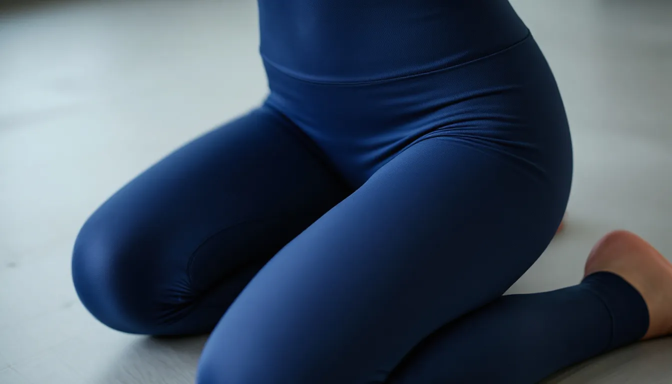 A close-up image showcases high-waisted leggings with a wide waistband, designed for comfort and support during pilates classes. The leggings are form-fitting, made from breathable fabric, and ideal for maintaining proper form during pilates workouts on the floor.