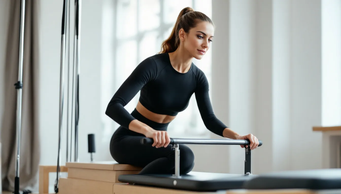 A woman is performing a controlled movement on a reformer machine in a pilates studio, dressed in form-fitting pilates attire that includes high-waisted leggings and a medium impact sports bra. The scene captures the essence of a focused pilates workout, emphasizing proper form and core activation.