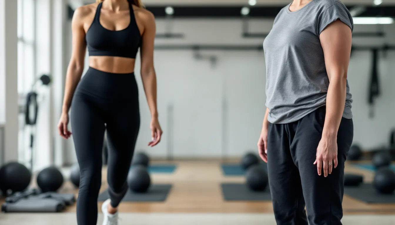 In this image, proper fitted pilates attire is displayed on one side, featuring high-waisted leggings, a medium impact sports bra, and grip socks for optimal comfort during pilates classes. In contrast, the other side shows inappropriate loose clothing that could hinder movement and proper form during workouts, emphasizing the importance of choosing the right clothes for a distraction-free workout in the pilates studio.