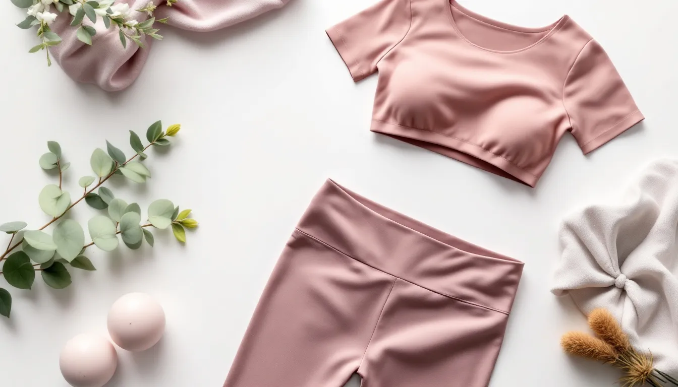 A flat lay image showcases a stylish pilates outfit featuring high-waisted leggings and a medium impact sports bra, highlighting the seamless construction and stretchy fabric details ideal for pilates classes. The arrangement emphasizes breathable fabrics and form-fitting designs that ensure comfort and support during pilates workouts.