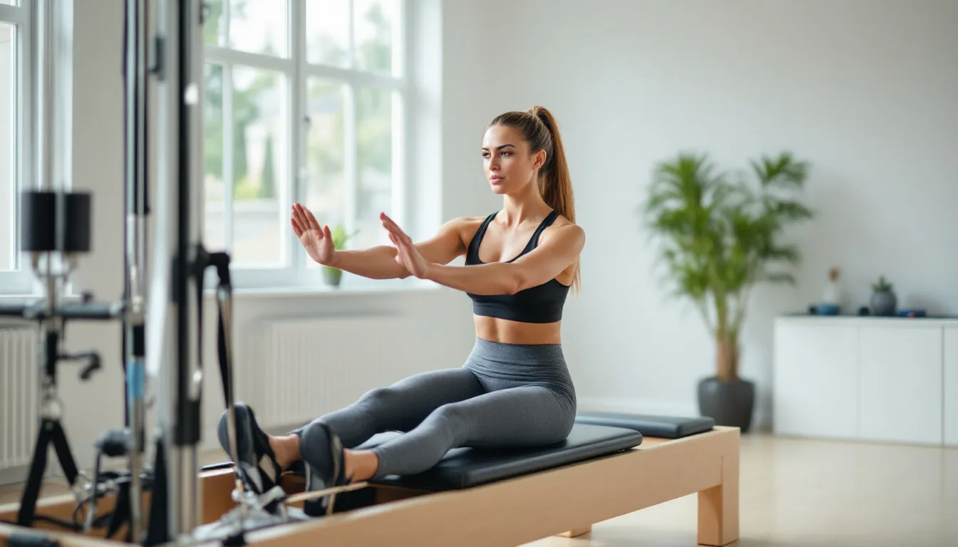 A woman is engaged in pilates exercises on a reformer machine in a bright studio, focusing on her body alignment and core strength. This full body workout emphasizes controlled movements to enhance muscle tone and improve overall physical fitness.