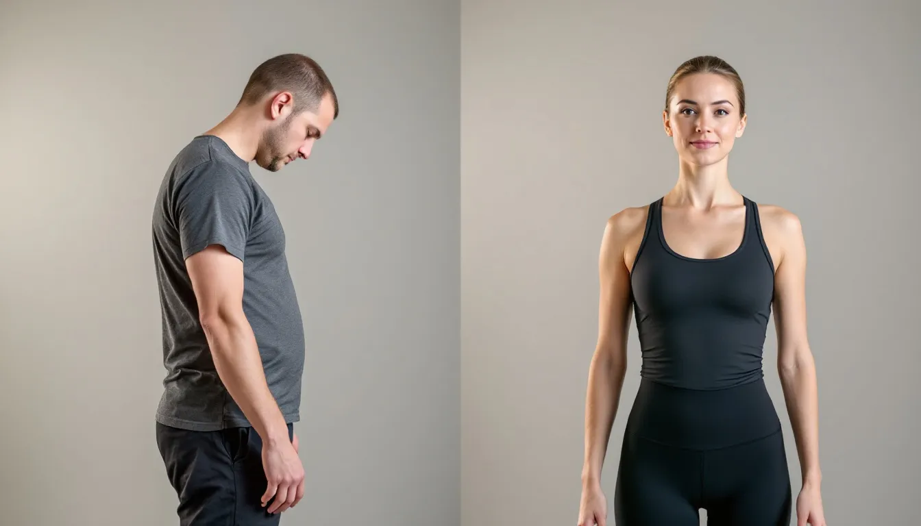 The image shows a before and after comparison highlighting improved posture and body alignment resulting from consistent pilates practice, showcasing the benefits of pilates exercises in enhancing body awareness and muscle tone. The transformation illustrates how pilates training can effectively strengthen core muscles and promote a toned physique.