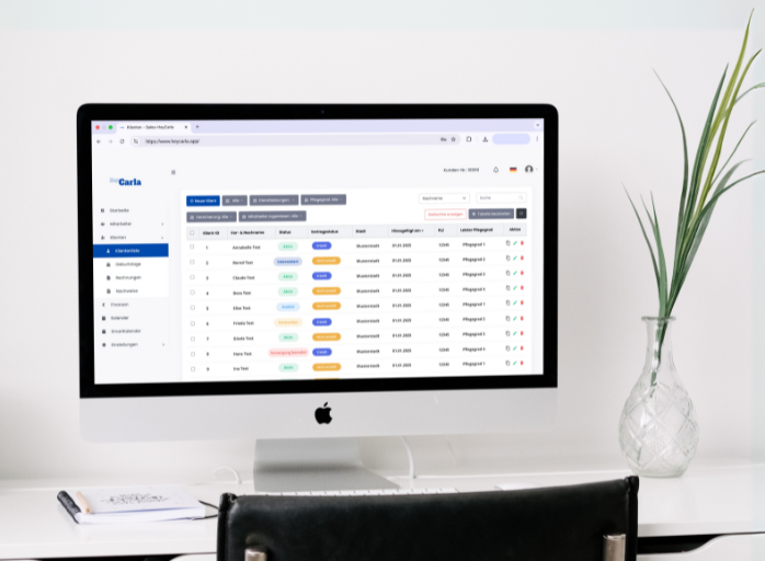 Dashboard von HeyCarla mit Kennzahlen zu Einsätzen, Klienten und offenen Aufgaben
