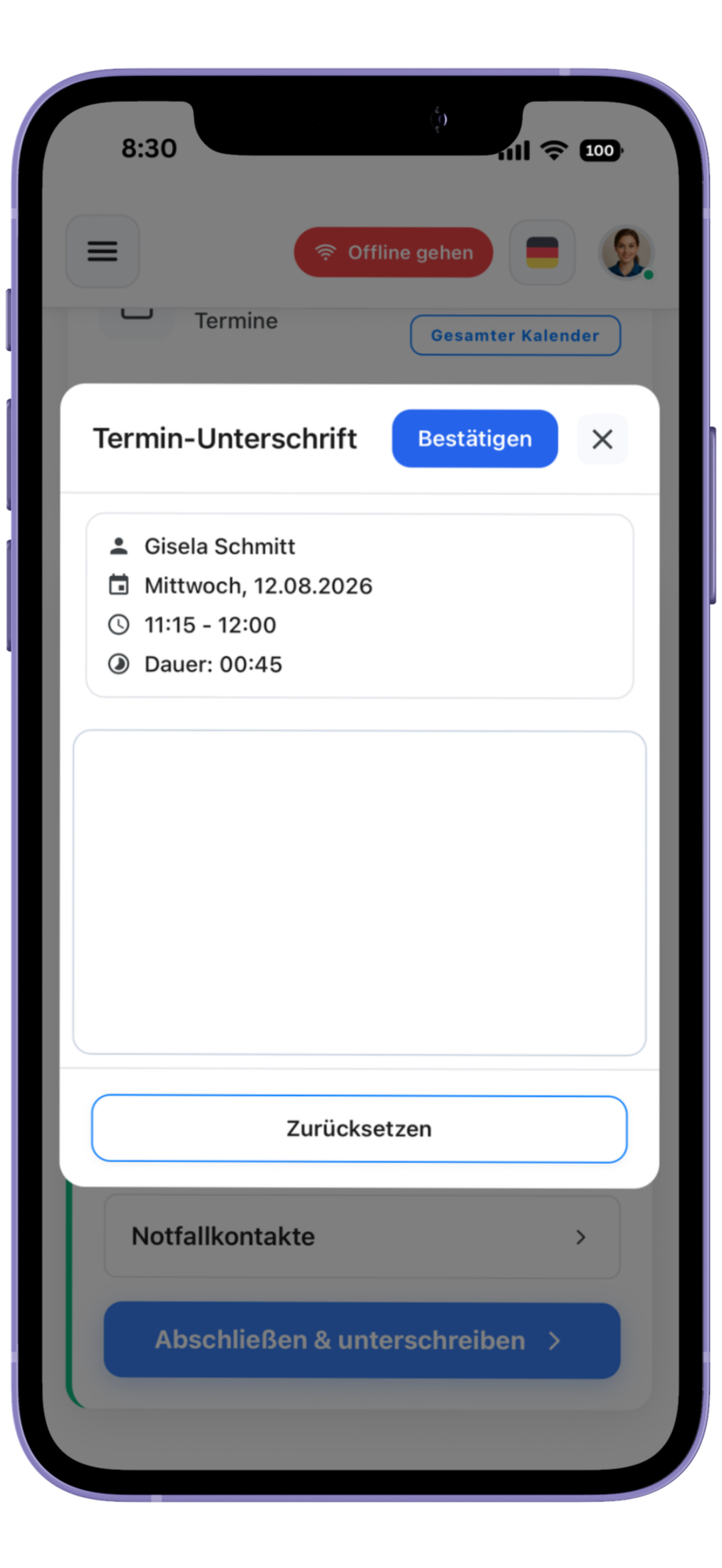 Digitale Unterschrift des Klienten in der HeyCarla Mitarbeiter-App