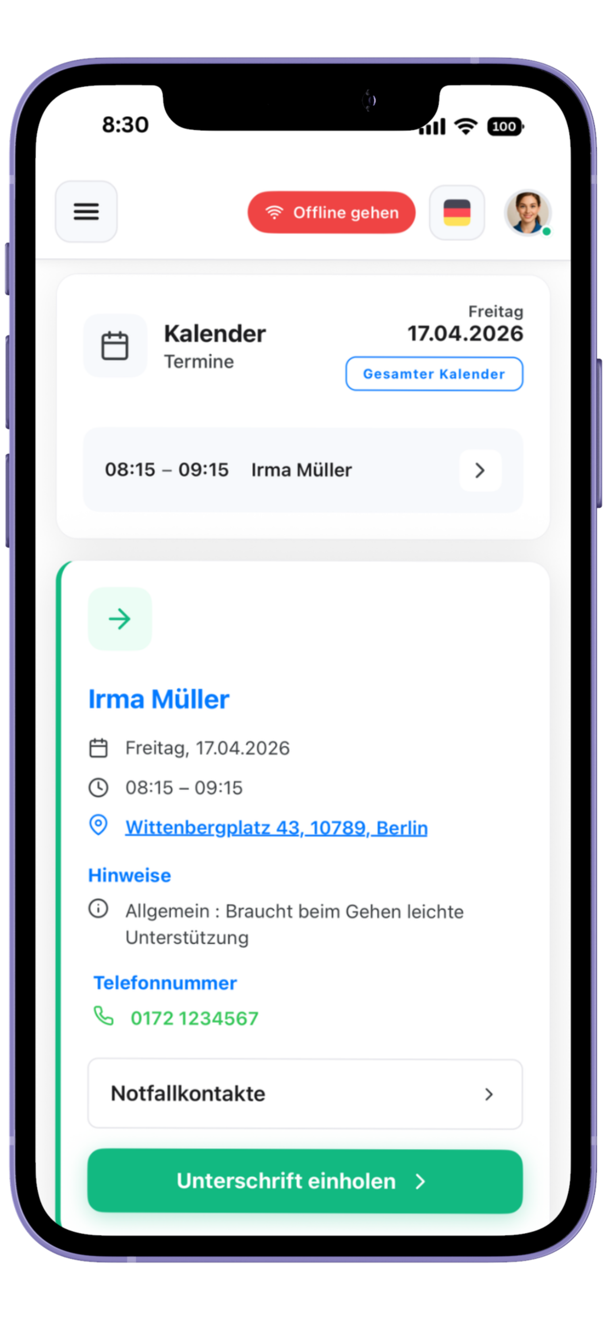Startseite der HeyCarla Mitarbeiter-App mit den Terminen des Tages