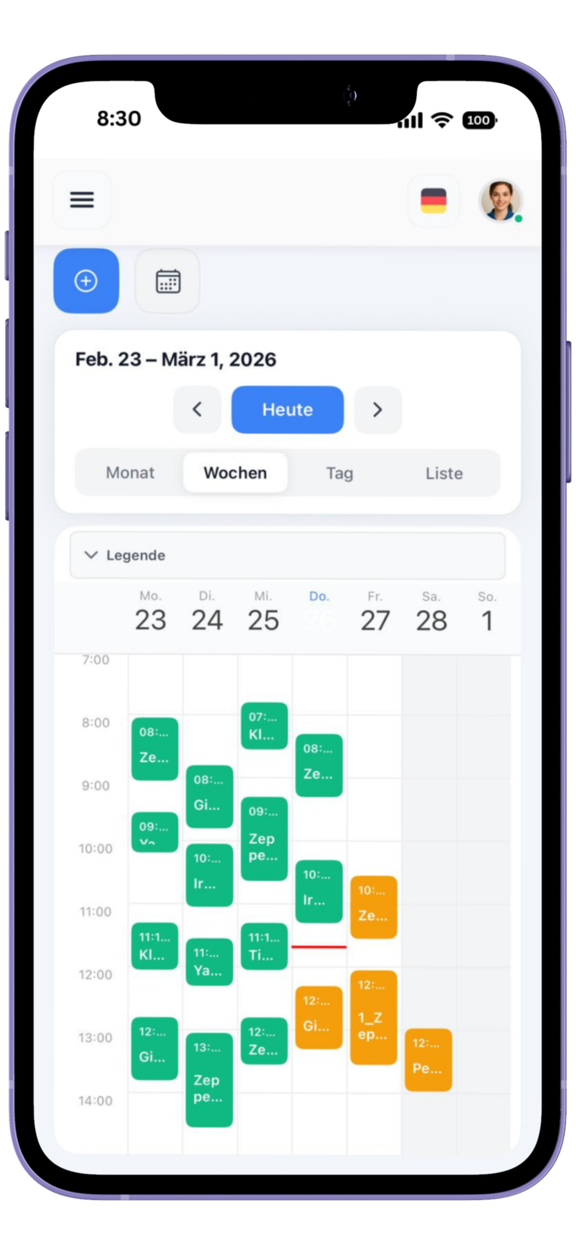Kalenderansicht in der HeyCarla Mitarbeiter-App