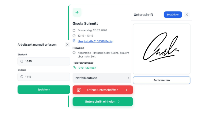 Zeiterfassung und digitale Unterschrift in der HeyCarla Mitarbeiter-App