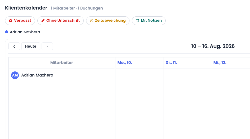 Kundenkalender im Klientenprofil mit Timeline der zugewiesenen Mitarbeitenden