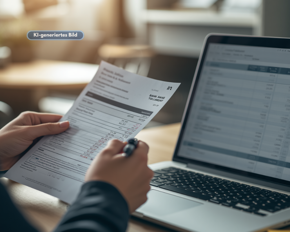 Betreuungskraft prüft SEPA-Mandat und Kontodaten am Laptop im Büro eines Betreuungsdienstes mit HeyCarla