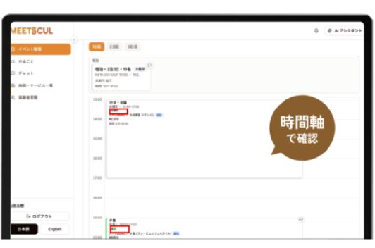 MEETSCULのイベント管理画面(時間軸で進捗を確認)
