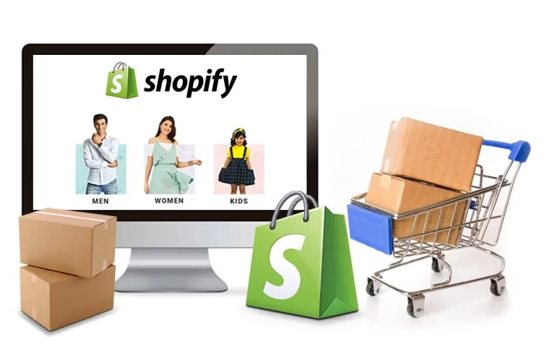 Illustratie van een Shopify-webshop met winkelwagen en pakketten