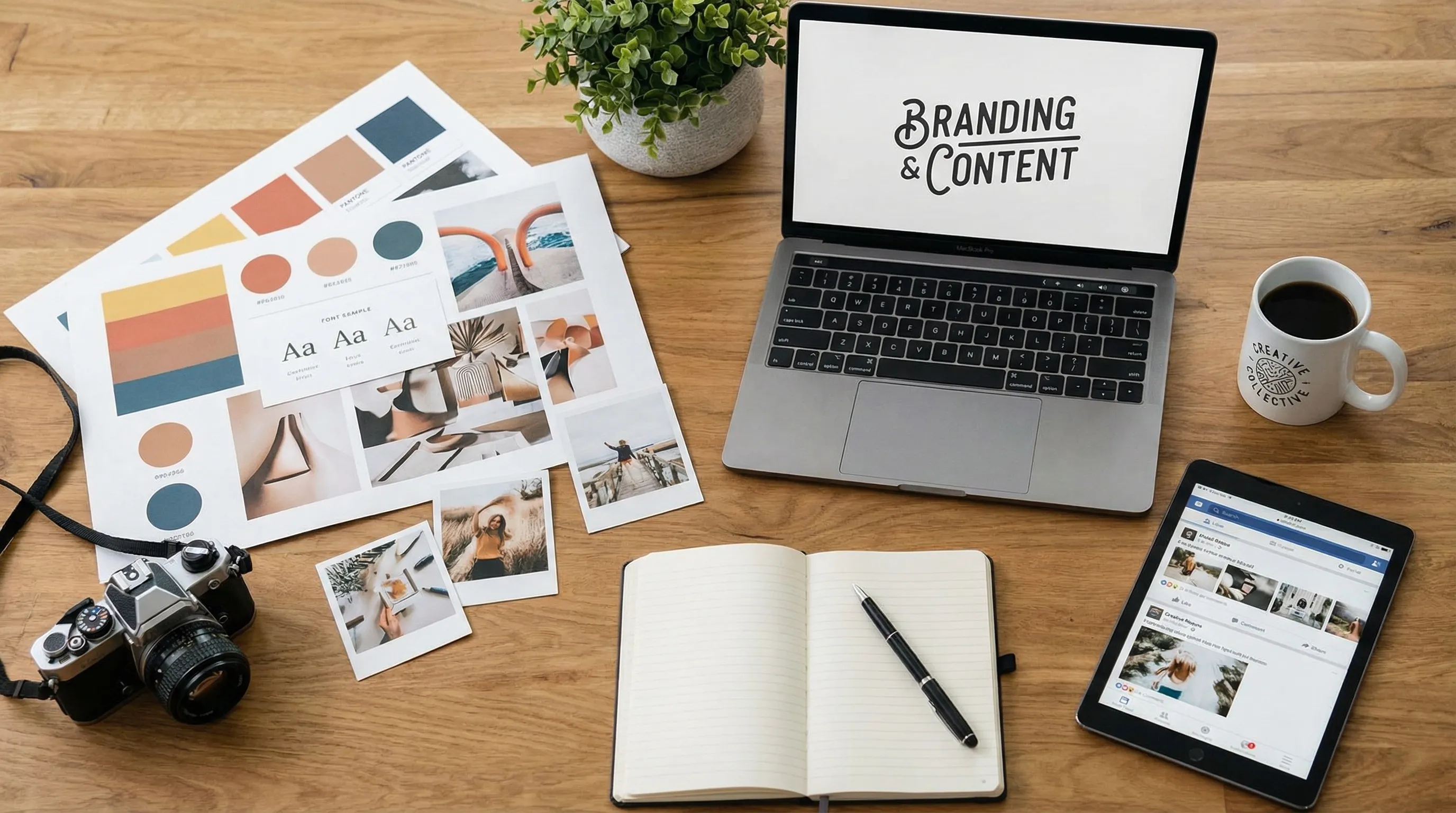Brandingmaterialen, laptop en tablet op een bureau