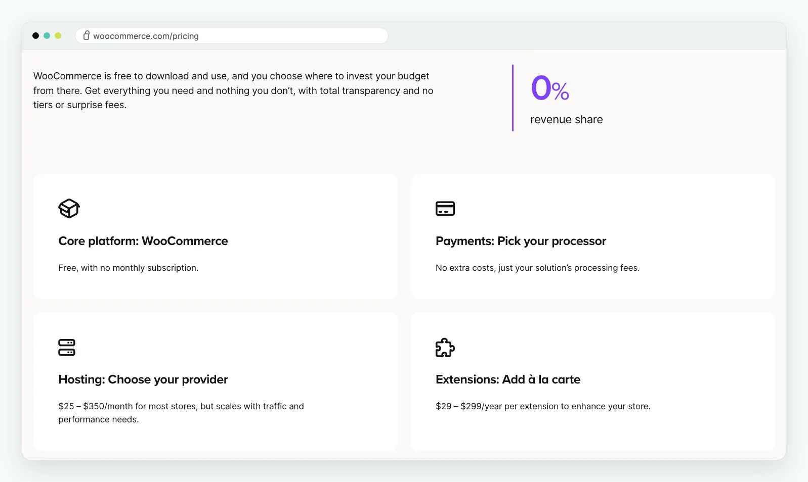 Prijzenpagina van WooCommerce met de geschatte kosten voor hosting en extensies