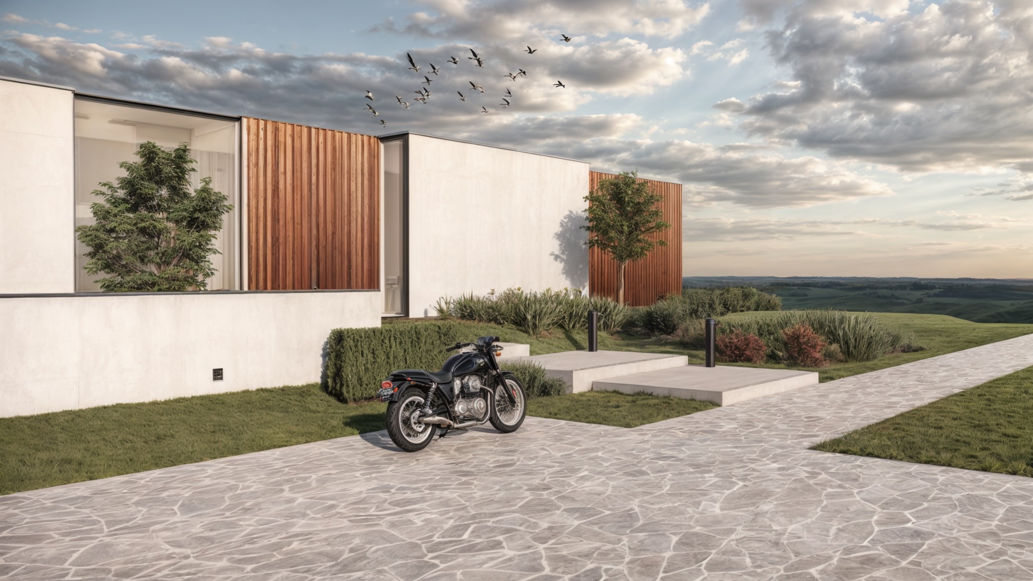 Architektur Visualisierung mit Sichtbeton, Holzlamellen und naturnaher Gestaltung