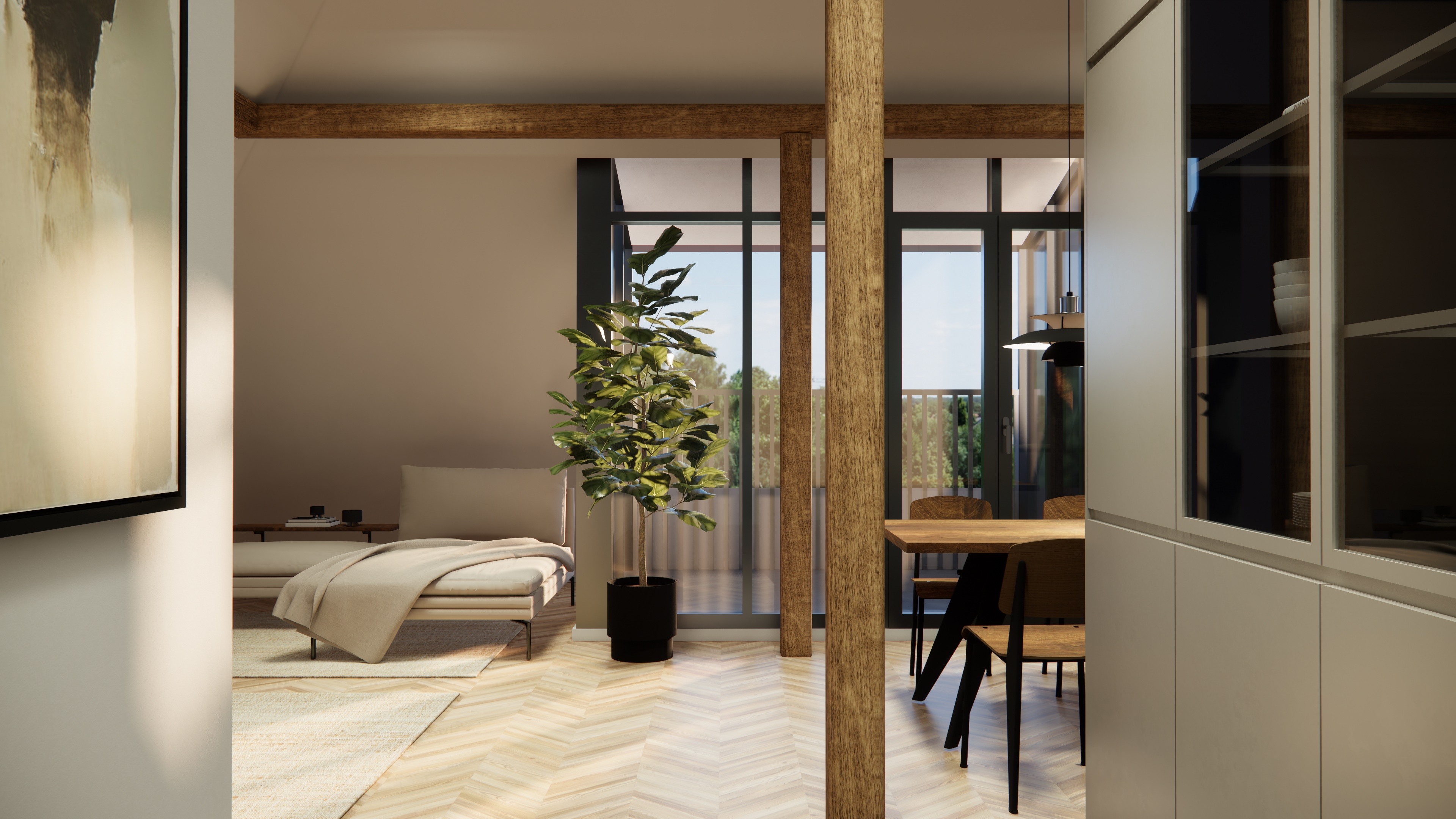 Wohnzimmer mit Essecke und Balkonzugang