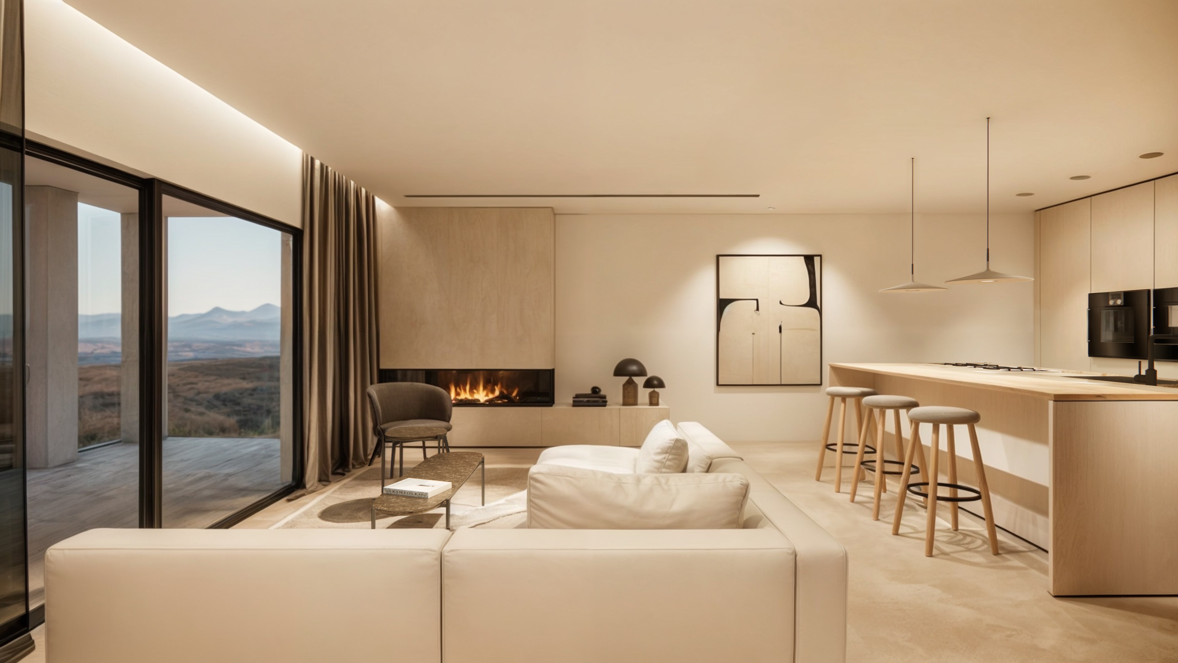 Offener Wohn- und Kochbereich mit Kamin, Kücheninsel und modernem Interior Design